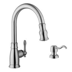 Traditional Single Handle Pull-Down Kitchen Faucet with Soap Dispenser in Brushed Nickel