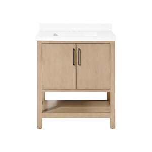 BANKS 30IN VANITY WITH SLAB DOOR IN SAHARA BIRCH WHITE QUARTZ TOP & CERAMIC BASIN