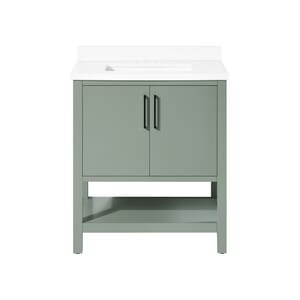 BANKS 30IN VANITY WITH SLAB DOOR IN SAGE GREEN WHITE QUARTZ TOP & CERAMIC BASIN