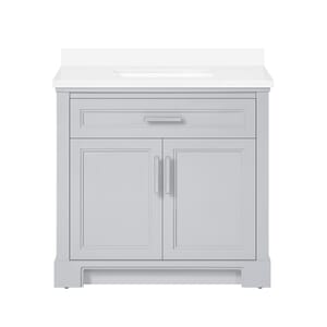 SCARLETT 36IN VANITY IN DOVE GREY WITH WHITE QUARTZ TOP & CERAMIC BASIN