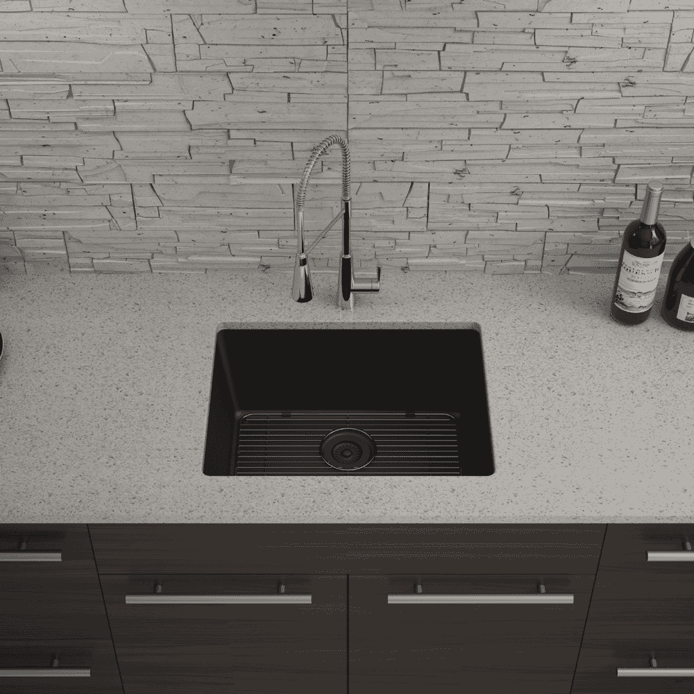 23 in. Single Bowl Undermount Quartz Kitchen Sink, Black